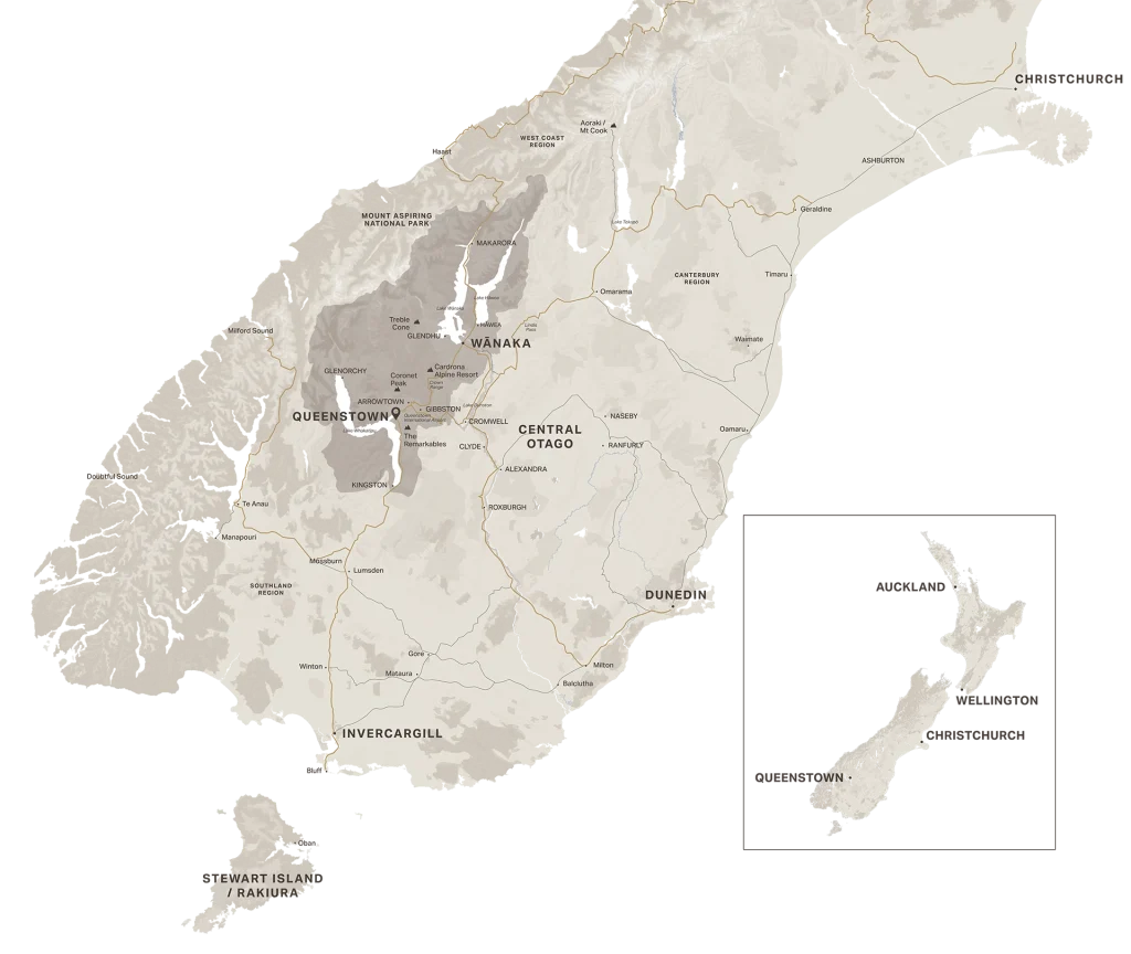 Southern Lakes regional map showing ROKI Collection, Queenstown and Glenorchy.